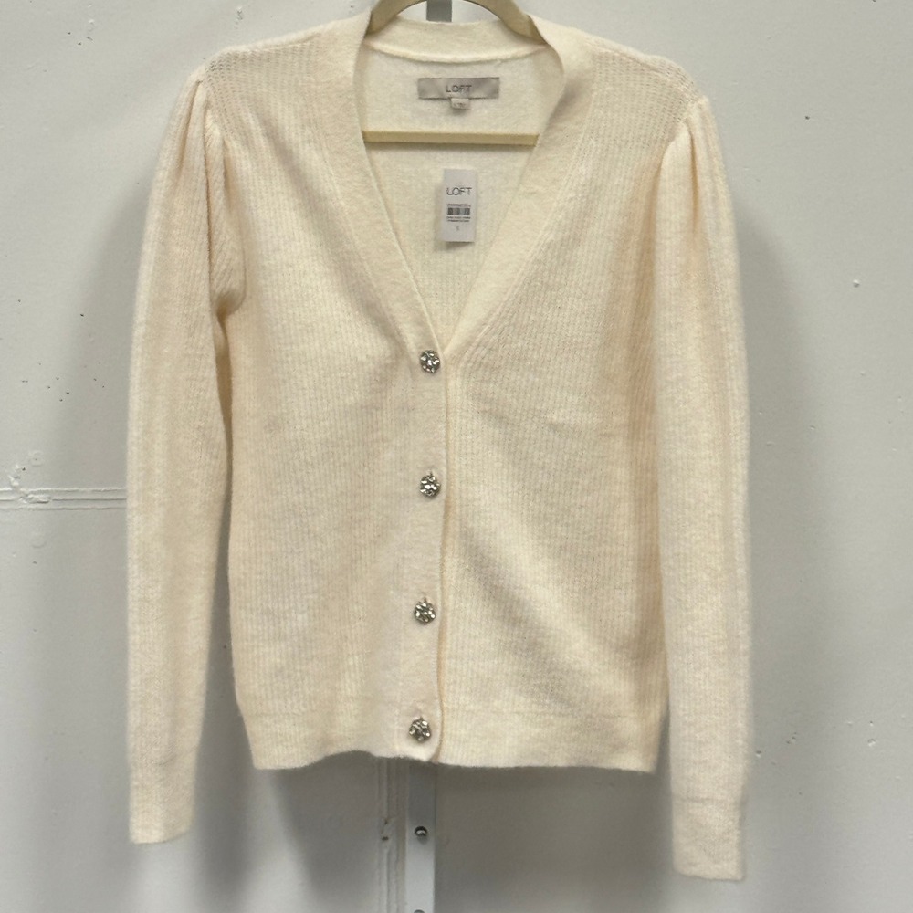 NWT LOFT Rhinestone Buttons Relaxed Fit Knit Cardigan Sweater Small White